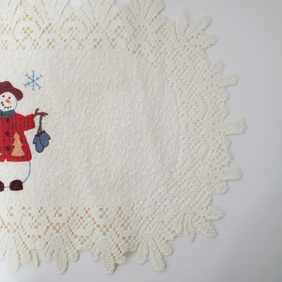 Vtg Christmas Snowmen Holiday Cross-Stitch Lace‎ Runner 14x30 - Picture 6 of 8